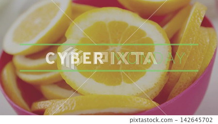 Displaying central lemon slice in pink bowl on tabletop, sliced lemons and CYBER MONDAY overlay Displaying central lemon slice in pink bowl on tabletop, sliced lemons and CYBER MONDAY overlay 142645702