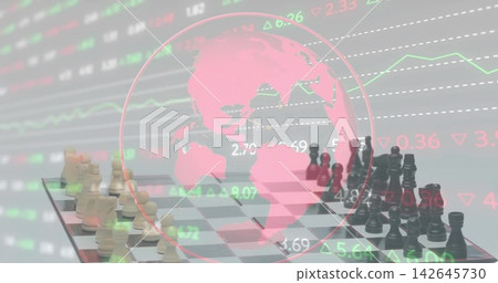 Showing angled chessboard with pieces on shiny table, overlaying pink globe and tickers and graphs 142645730
