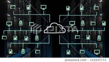 Projecting cloud icon sending neon cyan connections down server rack aisle, showing security icons Projecting cloud icon sending neon cyan connections down server rack aisle, showing security icons 142645731