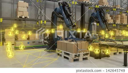 Operating two articulated robotic arms loading cartons on pallet at warehouse with network overlay Operating two articulated robotic arms loading cartons on pallet at warehouse with network overlay 142645749