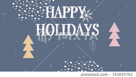 Centering HAPPY HOLIDAYS greeting in worn white serif on muted slate blue, showing snowflake, trees Centering HAPPY HOLIDAYS greeting in worn white serif on muted slate blue, showing snowflake, trees 142645762