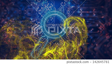 Glowing cyan magnifier hovering in digital circuit macro, featuring AUTOMATION and yellow particles Glowing cyan magnifier hovering in digital circuit macro, featuring AUTOMATION and yellow particles 142645781