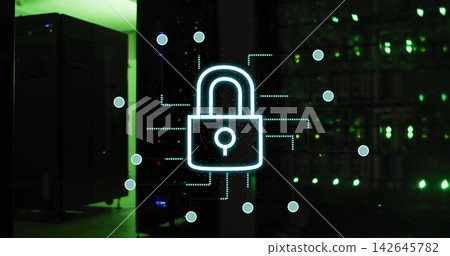 Displaying cyan padlock icon with node markers reflecting on glass in data center, with racks Displaying cyan padlock icon with node markers reflecting on glass in data center, with racks 142645782