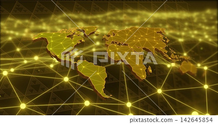 Displaying golden world map showing triangular mesh and glowing nodes with links on dark grid Displaying golden world map showing triangular mesh and glowing nodes with links on dark grid 142645854
