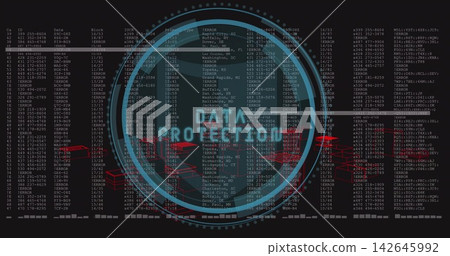 Displaying cyan HUD showing padlock on security UI with DATA PROTECTED label, logs and red nodes Displaying cyan HUD showing padlock on security UI with DATA PROTECTED label, logs and red nodes 142645992