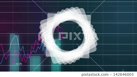 On load geometric ring rotating and glowing while line graphs tracing trends to highlight growth On load geometric ring rotating and glowing while line graphs tracing trends to highlight growth 142646003