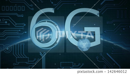 Displaying large 6G element with circular HUD and partial globe on tech UI, showing PCB traces Displaying large 6G element with circular HUD and partial globe on tech UI, showing PCB traces 142646012