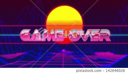 Glowing chrome GAME OVER sign dominating sunset horizon with magenta grid and wireframe mountains 142646026