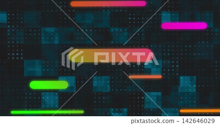 Glowing large yellow-pink gradient bar hovering centered on UI background, with neon bars and tiles Glowing large yellow-pink gradient bar hovering centered on UI background, with neon bars and tiles 142646029