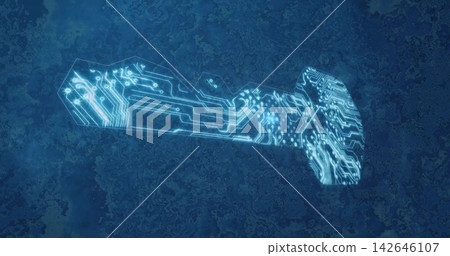 Floating key-shaped electronic circuit glowing in abstract digital space, with solder pad nodes Floating key-shaped electronic circuit glowing in abstract digital space, with solder pad nodes 142646107