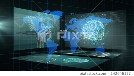 Projecting central holographic data display across virtual lab, showing world map and neural brain Projecting central holographic data display across virtual lab, showing world map and neural brain 142646152