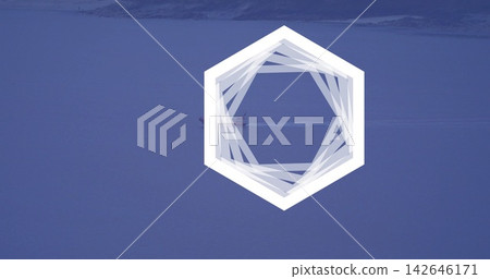 Overlaying white hexagon graphic centered on calm sea, figures wearing dark jackets operating boat Overlaying white hexagon graphic centered on calm sea, figures wearing dark jackets operating boat 142646171