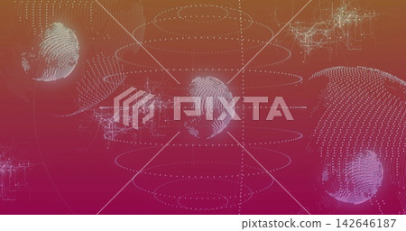 Floating centered pale blue sphere forming point cloud in data field, with dotted-rings and nodes Floating centered pale blue sphere forming point cloud in data field, with dotted-rings and nodes 142646187