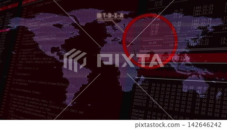 Showing purple map with red target ring and code on security UI, highlighting File ENCRYPTION Showing purple map with red target ring and code on security UI, highlighting File ENCRYPTION 142646242