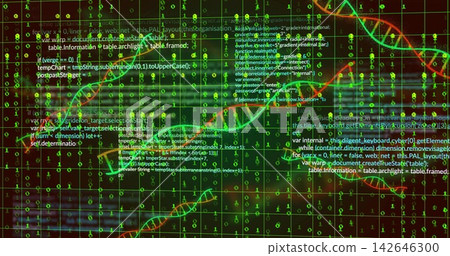 Showing data and genetics motif occupying center of screen with binary digits DNA code grid nodes Showing data and genetics motif occupying center of screen with binary digits DNA code grid nodes 142646300