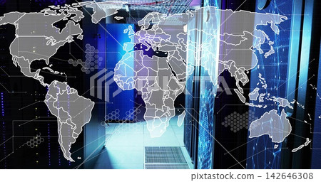 Projecting global map overlay linking server racks in server room aisle, LED strips glowing Projecting global map overlay linking server racks in server room aisle, LED strips glowing 142646308