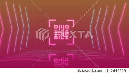 Glowing neon square frame with QR-like glyph emitting pink light in studio mirroring rippled floor Glowing neon square frame with QR-like glyph emitting pink light in studio mirroring rippled floor 142646319