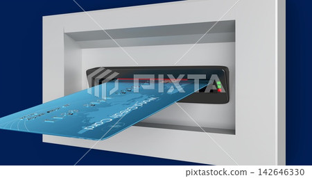 Inserting blue card with EMV chip and embossed numbers into recessed black reader, showing LED 142646330
