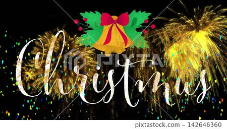 Displaying festive design glowing in dark sky, with bells, holly, fireworks and Christmas script Displaying festive design glowing in dark sky, with bells, holly, fireworks and Christmas script 142646360