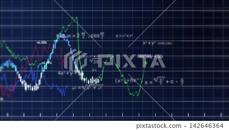 Displaying color chart on dark navy monitor, showing green, blue, red traces, white bars, math text 142646364