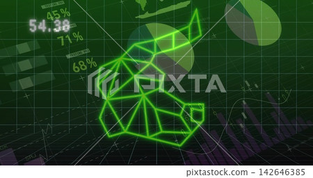 Displaying neon green wireframe bull on trading dashboard, showing pie charts, percents, trend line Displaying neon green wireframe bull on trading dashboard, showing pie charts, percents, trend line 142646385