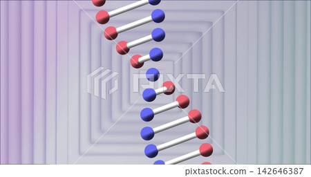 Twisting double-helix floating in 3D tunnel, showing white rods, blue red spheres, panels 142646387