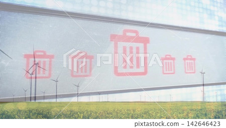 Displaying red trash-bin icons floating on translucent panel above yellow crop field, wind turbines Displaying red trash-bin icons floating on translucent panel above yellow crop field, wind turbines 142646423