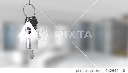 Hanging metal keyring with house-shaped pendant and key fob swaying in living room, copy space Hanging metal keyring with house-shaped pendant and key fob swaying in living room, copy space 142646448