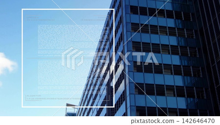 Rising glass tower receding upward at street, showing grid windows, louvers, HUD overlay Rising glass tower receding upward at street, showing grid windows, louvers, HUD overlay 142646470