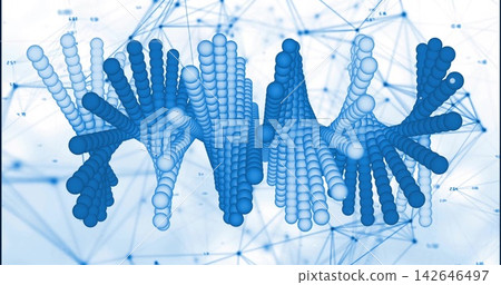 Showing center 3D blue-bead stacks forming wave columns in data lab, with network labels and dots Showing center 3D blue-bead stacks forming wave columns in data lab, with network labels and dots 142646497