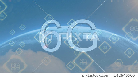 Displaying faint 6G graphic over Earth limb, showing cloud bank, diamond icons, flare, stars Displaying faint 6G graphic over Earth limb, showing cloud bank, diamond icons, flare, stars 142646500