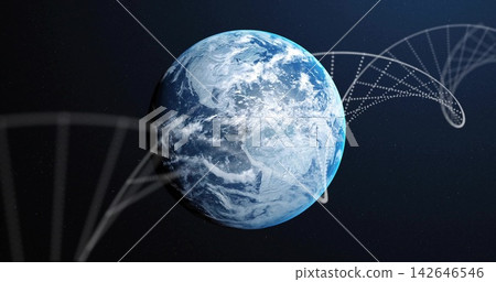 Showing textured planet Earth rotating slowly in outer space, with helix, dotted path, starfield Showing textured planet Earth rotating slowly in outer space, with helix, dotted path, starfield 142646546