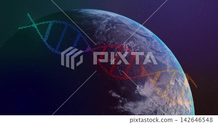 Arcing multicolored DNA helix crossing partial Earth in orbit, showing cloud bands and limb Arcing multicolored DNA helix crossing partial Earth in orbit, showing cloud bands and limb 142646548