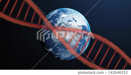 Orbiting planet Earth showing lands, clouds and blue oceans in dark starfield with red DNA helix Orbiting planet Earth showing lands, clouds and blue oceans in dark starfield with red DNA helix 142646552