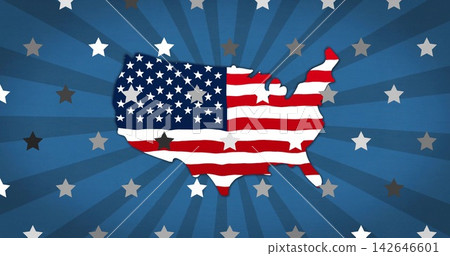 Showing stylized US silhouette filled with American flag motif on blue radial rays, scattered stars Showing stylized US silhouette filled with American flag motif on blue radial rays, scattered stars 142646601