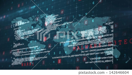 Translucent map displaying code panels on malware alert, highlighting threat tiles across grid Translucent map displaying code panels on malware alert, highlighting threat tiles across grid 142646604