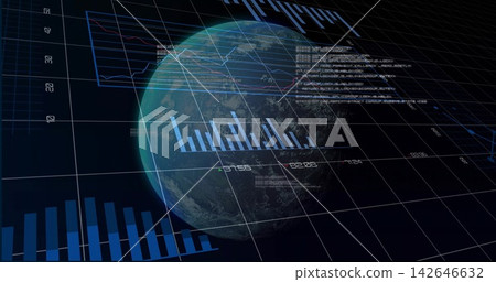 Displaying rendered Earth globe overlaying 3D grid in dashboard, with bar charts and line graphs Displaying rendered Earth globe overlaying 3D grid in dashboard, with bar charts and line graphs 142646632