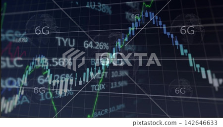 Displaying market chart showing candlesticks green trendline on dark screen with percent tickers 6G 142646633