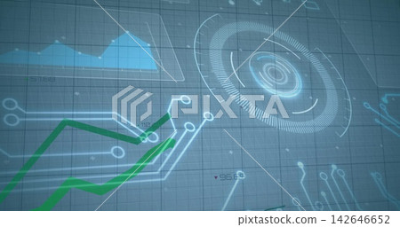Displaying circular radar-like HUD pulsing on right of digital dashboard, with green zigzag chart 142646652