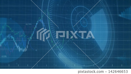 Showing large circular radar HUD occupying right data dashboard, with line charts and +6 142646653