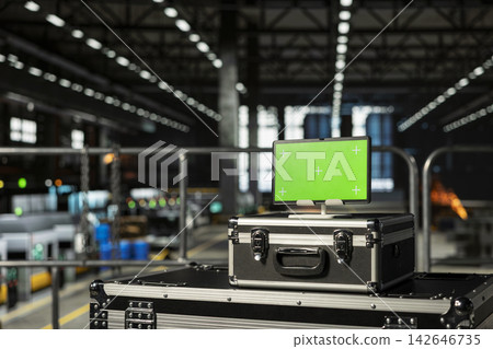 Mockup screen on tablet in empty factory interior with metal beams and industrial equipment. Heavy industry environment features production line layout and metallic framework in a plant. Mockup screen on tablet in empty factory interior with metal beams and industrial equipment. Heavy industry environment features production line layout and metallic framework in a plant. 142646735