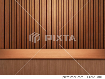 Wooden table top with vertical slatted wall background. 142646801