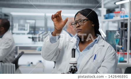 Female scientist looking at patient biopsy slide to detect abnormal cellular growth. African american woman preparing microscope in hospital lab for diagnostic confirmation, camera B Female scientist looking at patient biopsy slide to detect abnormal cellular growth. African american woman preparing microscope in hospital lab for diagnostic confirmation, camera B 142646891