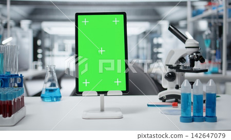 Isolated screen tablet and scientific gear in research facility used for complex experiments. Close up of mockup device on empty high tech hospital lab workstation with genetic research technology Isolated screen tablet and scientific gear in research facility used for complex experiments. Close up of mockup device on empty high tech hospital lab workstation with genetic research technology 142647079