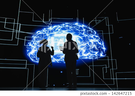 Team of programmers do research and development on AI technology, working together. Coworkers talking about progress of artificial intelligence evolution, brainstorming use cases 142647215