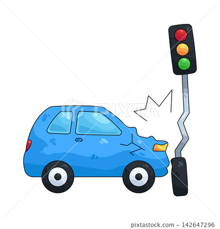 Illustration of car hitting traffic light 142647296