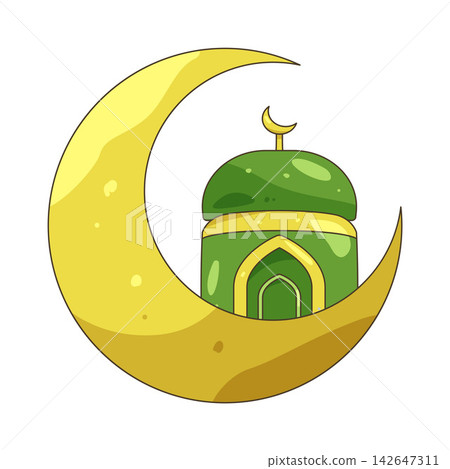 Illustration of mosque and crescent moon Illustration of mosque and crescent moon 142647311
