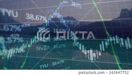 Displaying trading chart overlaying dusk lakeside mountains, showing candlesticks, green blue lines 142647752