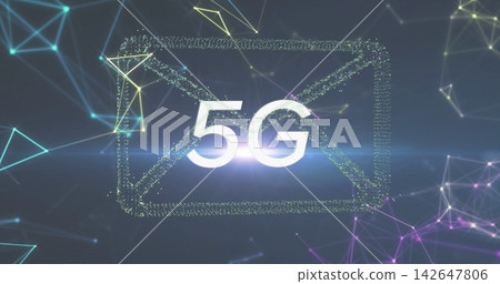Pulsing particle envelope icon emitting 5G signal in dark digital backdrop, with network nodes Pulsing particle envelope icon emitting 5G signal in dark digital backdrop, with network nodes 142647806