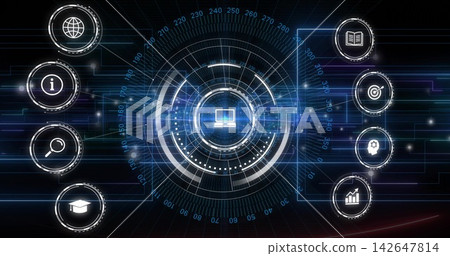 Rotating central concentric HUD displaying data flow on virtual dashboard, featuring laptop icon Rotating central concentric HUD displaying data flow on virtual dashboard, featuring laptop icon 142647814